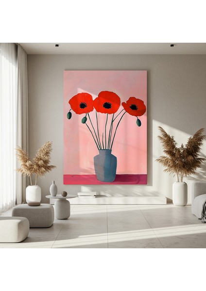 Pembe Arka Planlı Modern Kızıl Haşhaş Çiçekleri Tablosu fırsatları