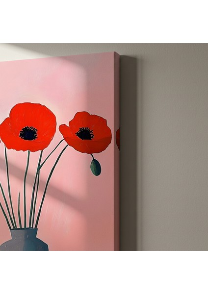 Pembe Arka Planlı Modern Kızıl Haşhaş Çiçekleri Tablosu indirimleri