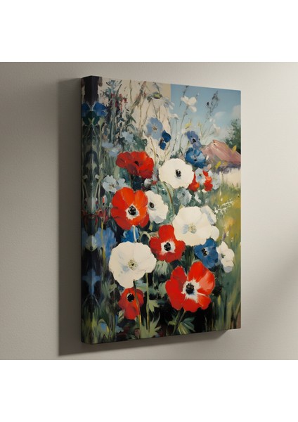 Kırmızı, Beyaz, Mavi Çiçekler Yağlıboya Tablosu