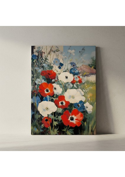 Kırmızı, Beyaz, Mavi Çiçekler Yağlıboya Tablosu fiyatları