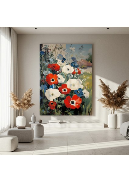 Kırmızı, Beyaz, Mavi Çiçekler Yağlıboya Tablosu fırsatları