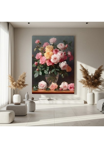 Pembe ve Şeftali Tonlarında Gül Buketi Tablosu fırsatları