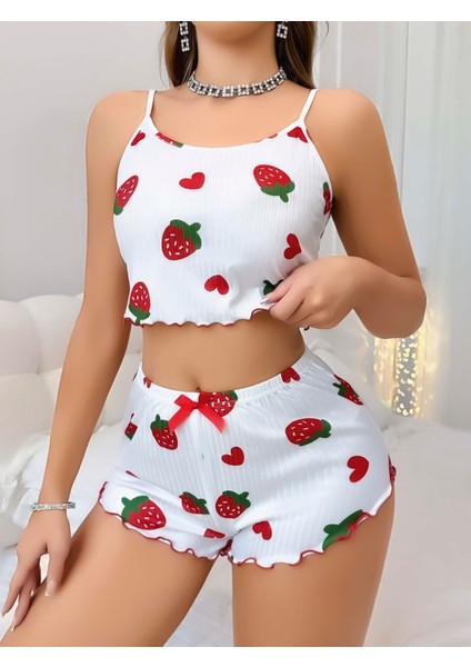 Kadın Beyaz Çilek Desenli Şortlu Pijama Takımı 5053