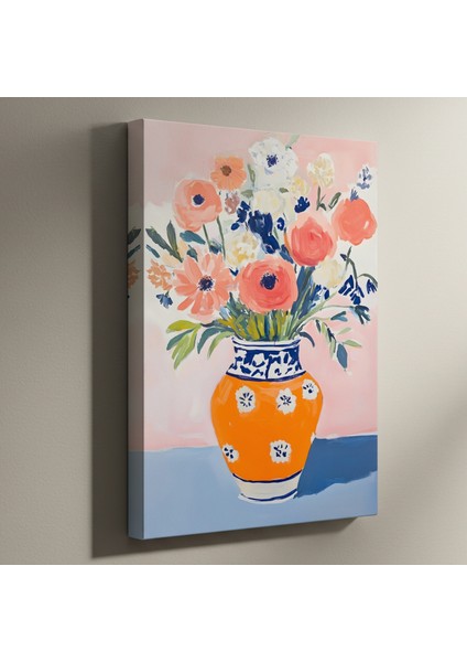 Turkuaz Desenli Vazo ve Çiçekler Soyut Tablosu