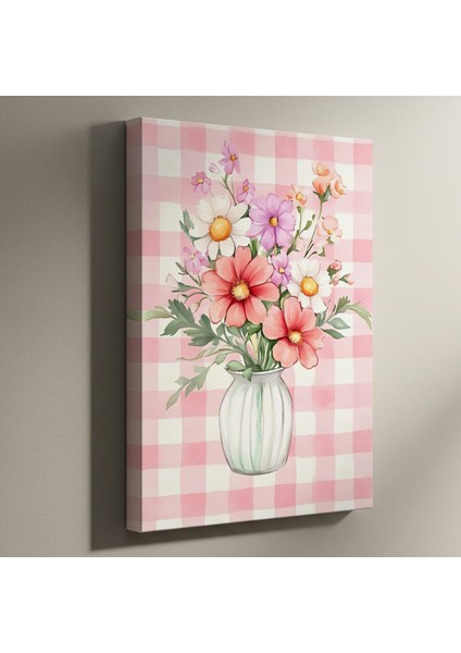 Pembe Gingham Desenli Çiçek Buketi Tablosu