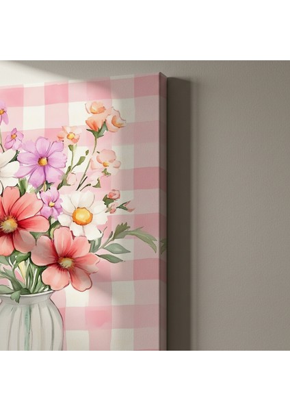 Pembe Gingham Desenli Çiçek Buketi Tablosu indirimleri