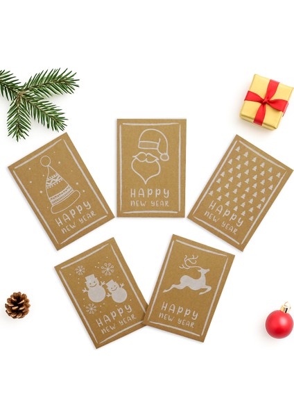 10x14 CM Yılbaşı Temalı 5 Adet Tebrik Kartı 5 Farklı Model Happy New Year Kraft Beyaz Yazı
