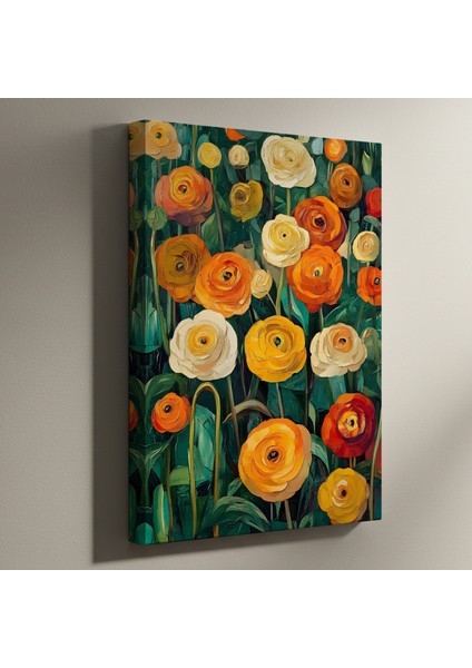 Sarı Turuncu Tonlarda Ranunkül Çiçek Bahçesi Yağlıboya Tablosu
