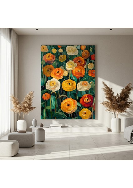 Sarı Turuncu Tonlarda Ranunkül Çiçek Bahçesi Yağlıboya Tablosu fırsatları