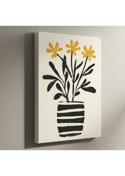 Minimalist Siyah Sarı Çizgi Çiçek Tablosu