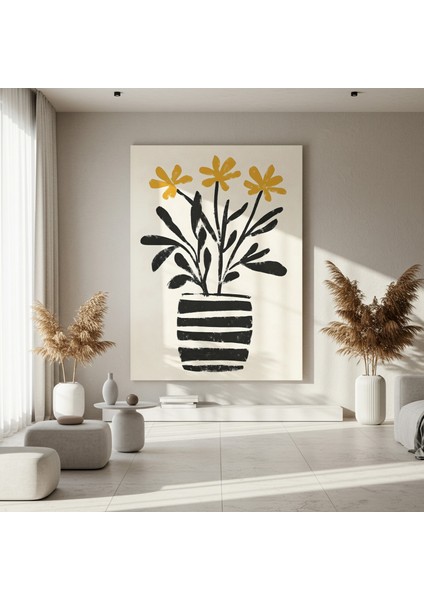 Minimalist Siyah Sarı Çizgi Çiçek Tablosu fırsatları