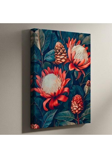 Koyu Yeşil Yapraklar Arasında Kırmızı Protea Çiçekleri Tablosu