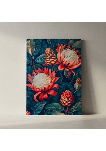 Koyu Yeşil Yapraklar Arasında Kırmızı Protea Çiçekleri Tablosu fiyatları