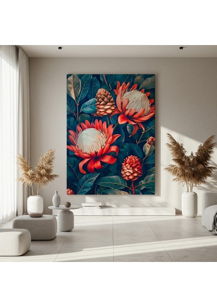 Koyu Yeşil Yapraklar Arasında Kırmızı Protea Çiçekleri Tablosu fırsatları