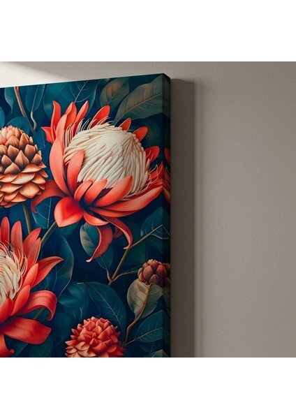 Koyu Yeşil Yapraklar Arasında Kırmızı Protea Çiçekleri Tablosu indirimleri