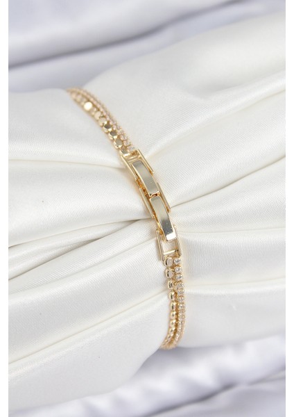 Pirinç Zirkon Taşlı Ezme Zincirli Sıralı Model Gold Kadın Bilekilk fiyatları