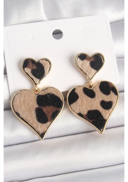 Pirinç Gold Sallantı Leopar Kalp Model Kadın Küpe