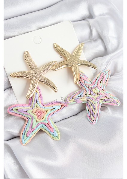 Pirinç Sallantılı Rainbow Deniz Yıldızı Model Gold Hasır Küpe