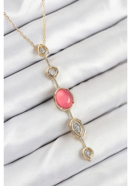 Pirinç Zincir Pembe Gold Zirkon Taşlı Y Kolye