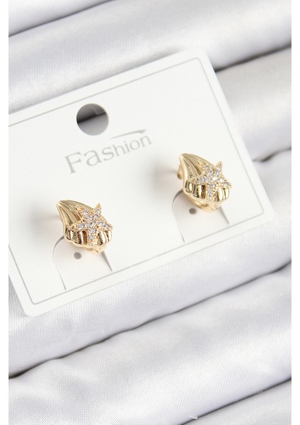 Pirinç Zirkon Taşlı Yıldız Model Gold Küpe