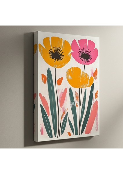 Modern Tarzda Portakal ve Pembe Çiçekler Soyut Sanat Tablosu