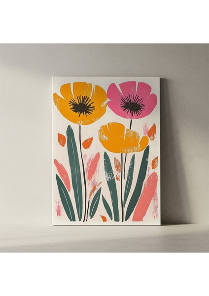 Modern Tarzda Portakal ve Pembe Çiçekler Soyut Sanat Tablosu fiyatları