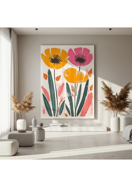 Modern Tarzda Portakal ve Pembe Çiçekler Soyut Sanat Tablosu fırsatları