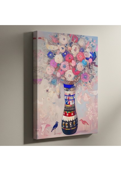 Çiçekli Vazoda Kuşlar Soyut Tablosu