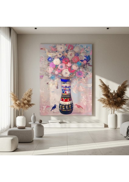 Çiçekli Vazoda Kuşlar Soyut Tablosu fırsatları