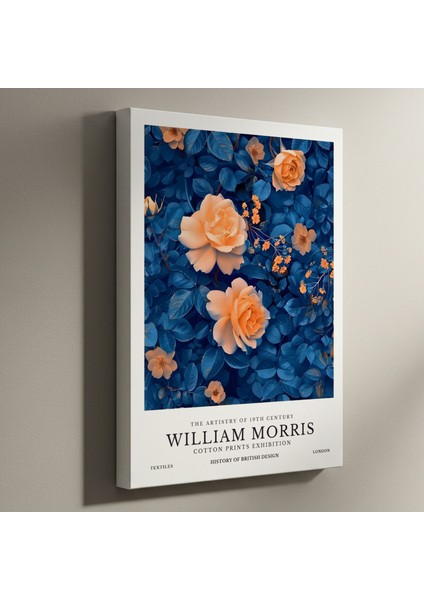 Mavi ve Turuncu Tonlarında William Morris Tarzı Gül Baskılı Tablo