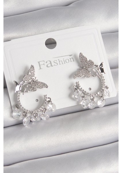 Pirinç Gümüş Renk Zirkon Taşlı Sallantı Detay Kelebek Model Kadın Küpe - TJ-BKP9902