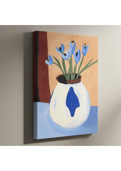 Modern Mavi Çiçekler Vazoda Soyut Tablo