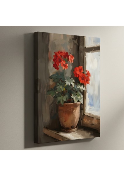 Pencere Kenarında Saksıda Kırmızı Pelargonyumlar Tablosu