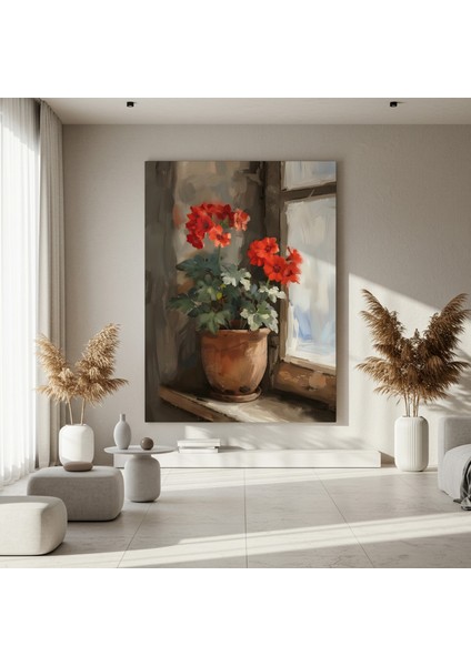 Pencere Kenarında Saksıda Kırmızı Pelargonyumlar Tablosu fırsatları