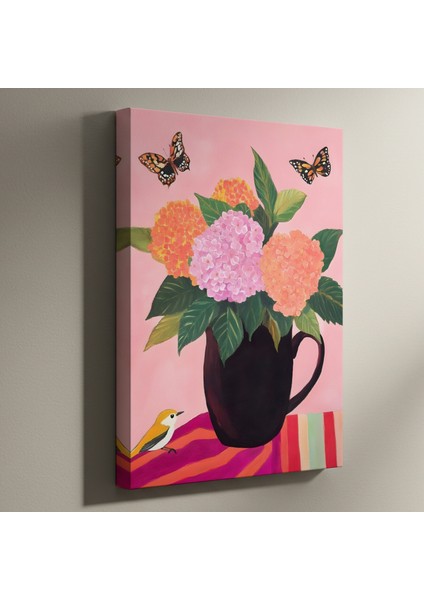 Pembe Arka Planlı Ortanca Buket Tablosu