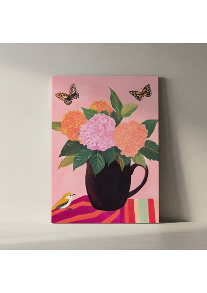 Pembe Arka Planlı Ortanca Buket Tablosu fiyatları