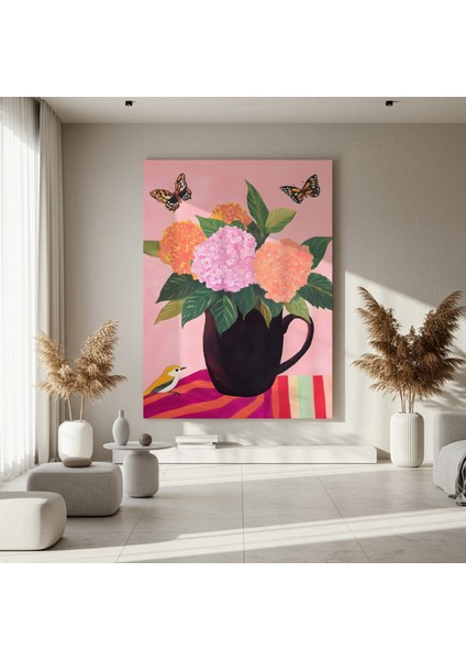 Pembe Arka Planlı Ortanca Buket Tablosu fırsatları