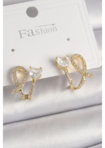 Pirinç Gold Renk Düğüm Model Zirkon Taşlı Kalp Detay Kadın Küpe - TJ-BKP9909