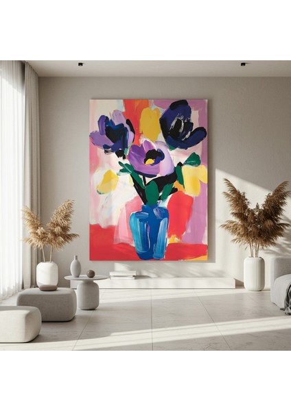 Soyut Tarzda Mor, Sarı ve Mavi Çiçekler Tablosu fırsatları