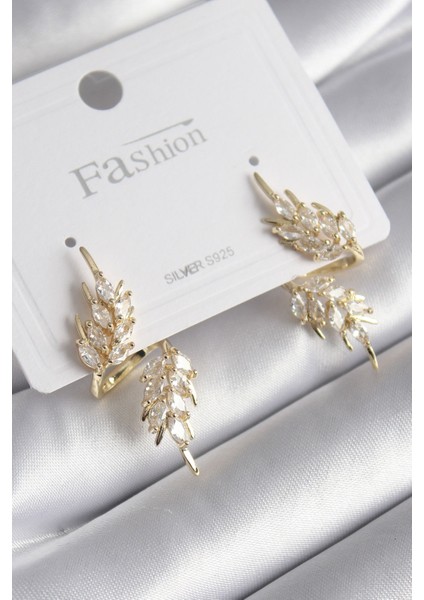 Pirinç Gold Renk Zirkon Taşlı Yaprak Model Kadın Küpe TG27BKP9945