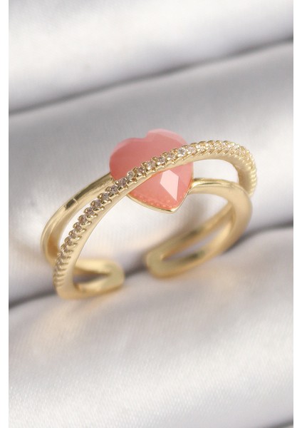 Pirinç Gold Pembe Kristal Kalp Model Zirkon Taş Detaylı Kadın Yüzük