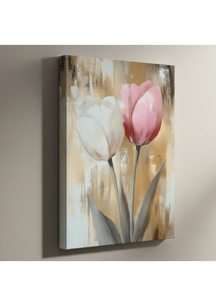 Modern Tarz Pembe Beyaz Lale Çiçekleri Yağlıboya Tablosu