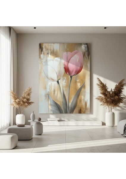 Modern Tarz Pembe Beyaz Lale Çiçekleri Yağlıboya Tablosu fırsatları