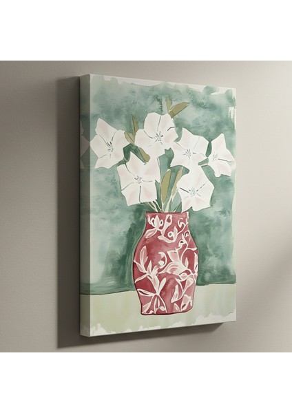 Kırmızı Vazoda Beyaz Çiçekler Suluboya Tablosu