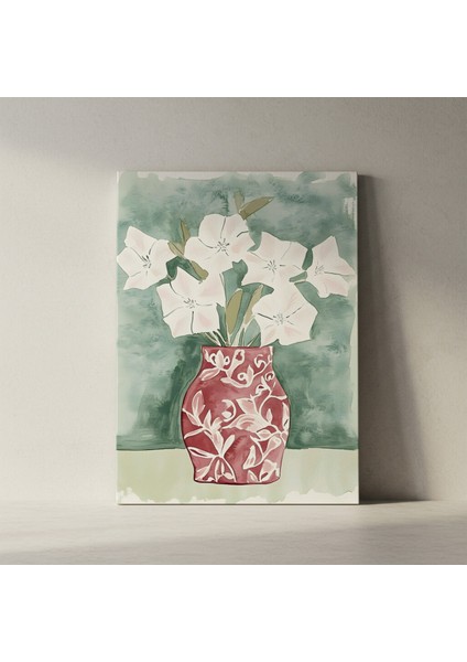 Kırmızı Vazoda Beyaz Çiçekler Suluboya Tablosu fiyatları