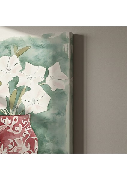 Kırmızı Vazoda Beyaz Çiçekler Suluboya Tablosu indirimleri