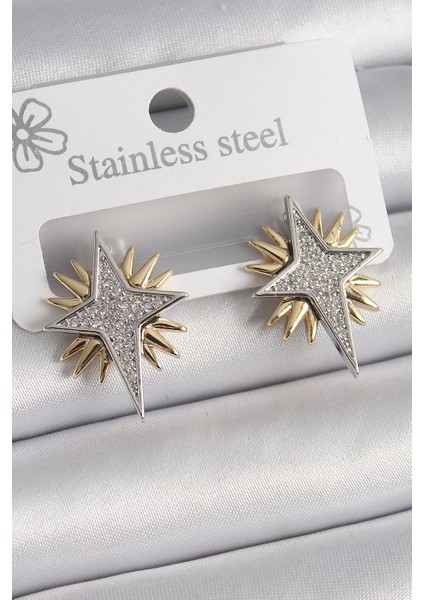 Pirinç Gold Gümüş Renk Zirkon Taşlı Kutup Yılıdız Model Kadın Küpe - TJ-BKP9874