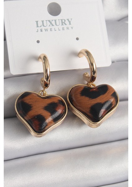 Pirinç Gold Renk 3D Kalp Leopar Desen Model Kadın Küpe - TJ-BKP9875