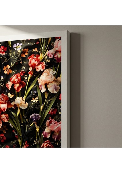 Karanlık Fon Üzerinde William Morris Tarzı Iris Çiçekleri Tablosu indirimleri
