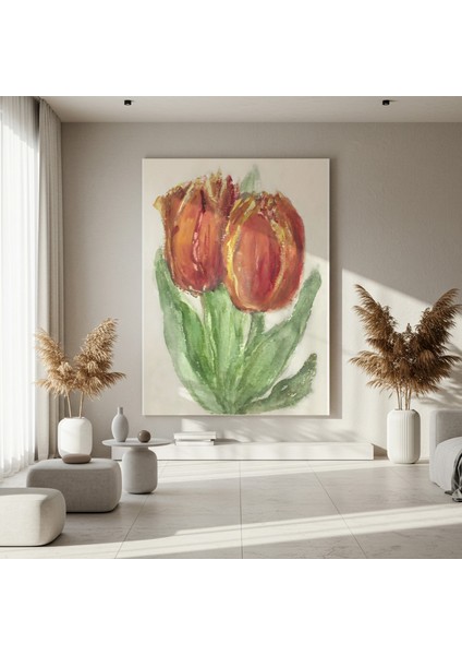 Koyu Kırmızı Tonlarda Suluboya Lale Tablosu fırsatları